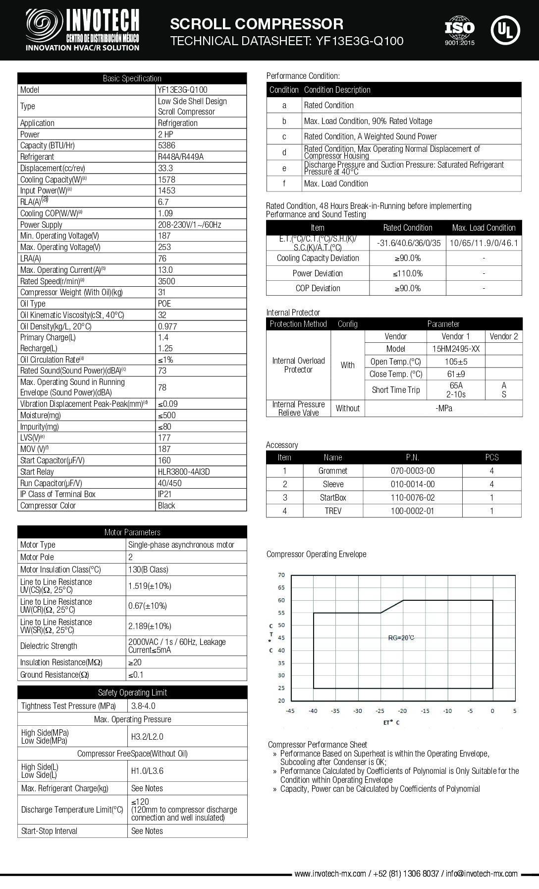 COMPRESSOR SCROLL YF13E3G-Q100 2HP-5,300 BTU/HR BAJA TEMP 220/1/60 - Image 2