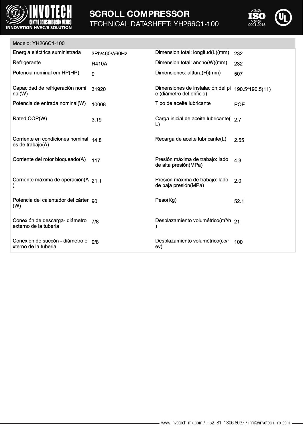 COMPRESSOR SCROLL YH266C1-210 9HP-110,726 BTU/HR A/C 460/3/60 - Image 2