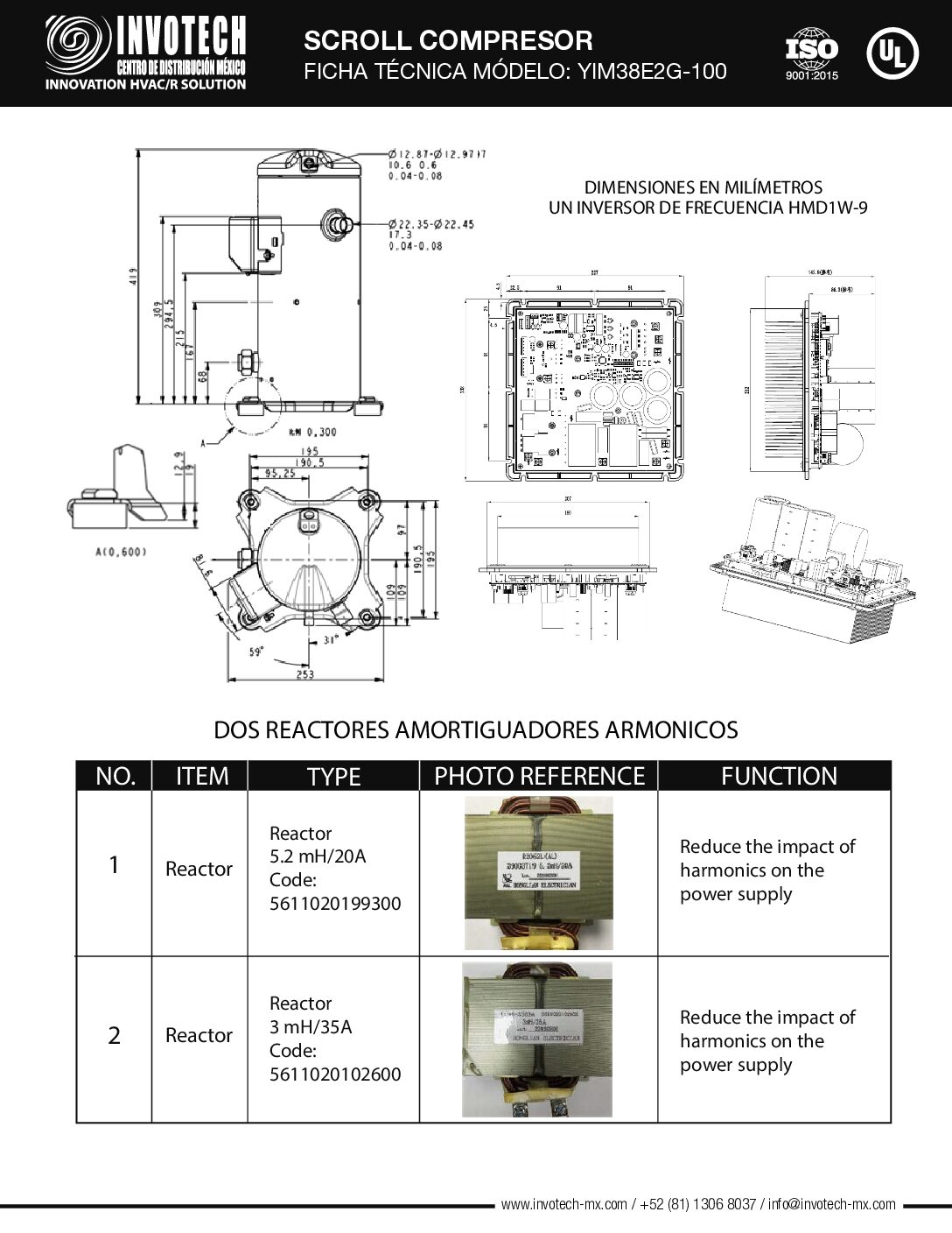 COMPRESSOR SCROLL YIM38E2G-100 2HP-INVERTER BTU/HR MED TEMP 220/1/60 - Image 3