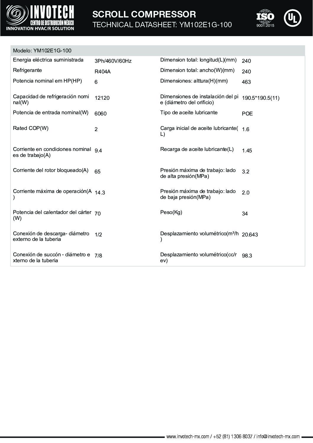 COMPRESSOR SCROLL YM102E1G-100 6HP-43,000 BTU/HR MED TEMP 460/3 - Image 2