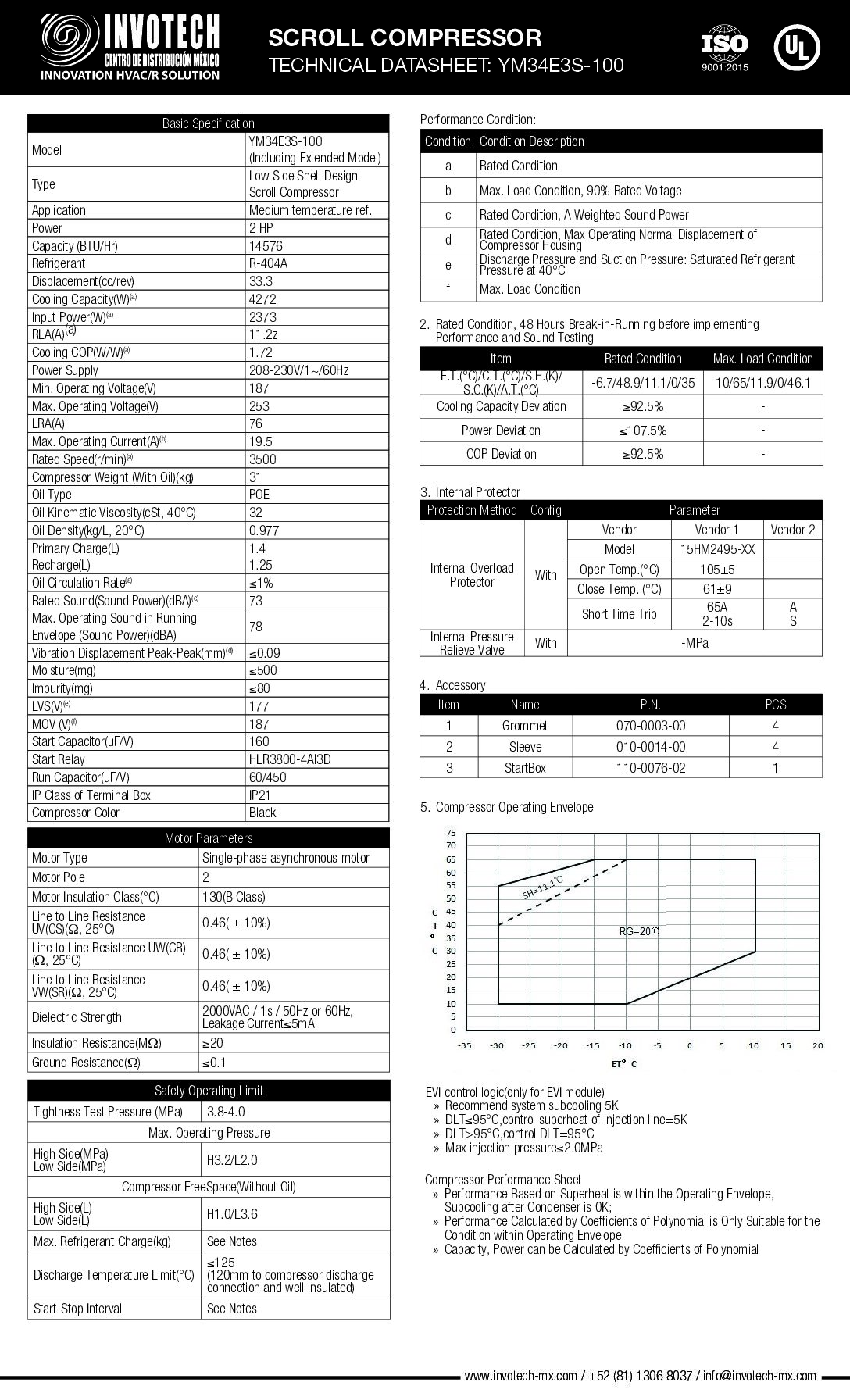 COMPRESSOR SCROLL YM34E3S-100 2HP-14,500 BTU/HR MED TEMP 220/1/60 - Image 2
